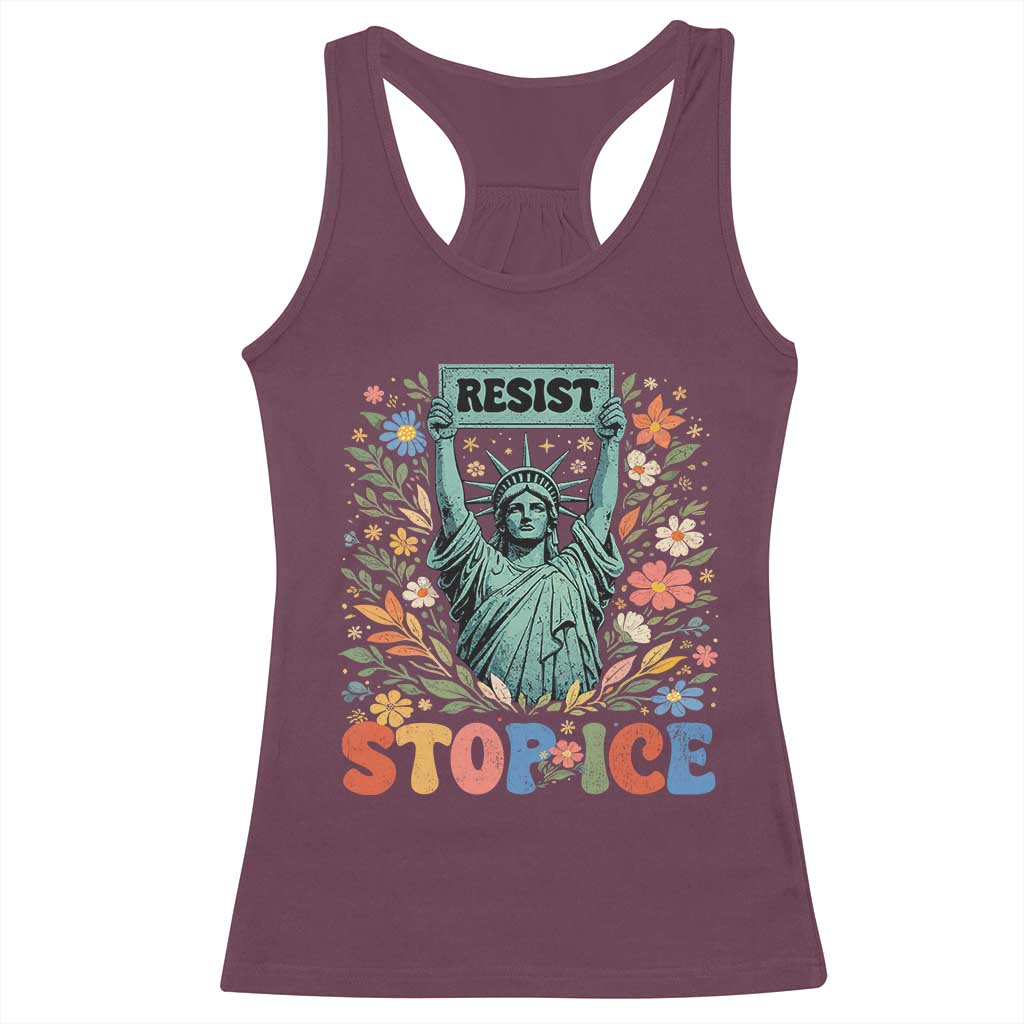 Stop ICE Racerback Tank Top Funny Statue of Liberty Boho Floral Resist Retro TS10 Maroon Print Your Wear
