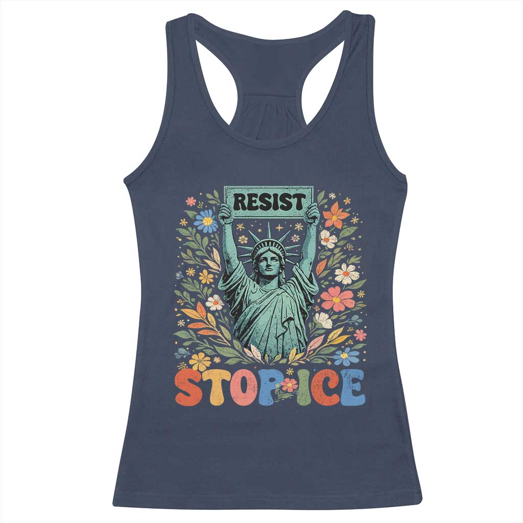 Stop ICE Racerback Tank Top Funny Statue of Liberty Boho Floral Resist Retro TS10 Navy Print Your Wear