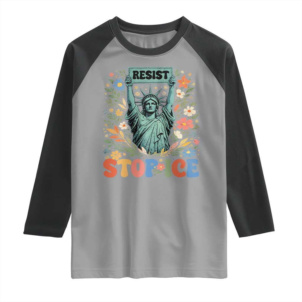 Stop ICE Raglan Shirt Funny Statue of Liberty Boho Floral Resist Retro TS10 Sport Gray Black Print Your Wear