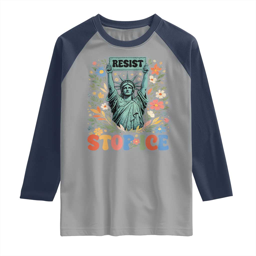 Stop ICE Raglan Shirt Funny Statue of Liberty Boho Floral Resist Retro TS10 Sport Gray Navy Print Your Wear