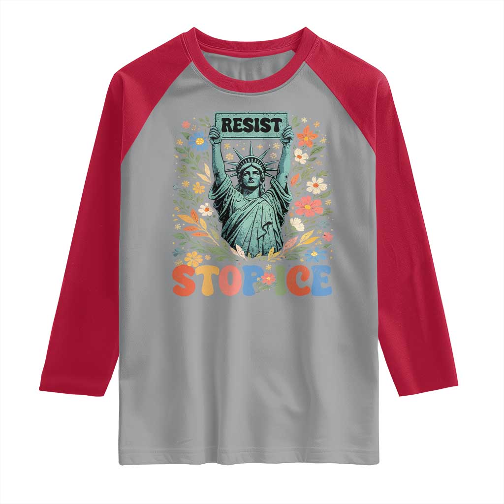 Stop ICE Raglan Shirt Funny Statue of Liberty Boho Floral Resist Retro TS10 Sport Gray Red Print Your Wear