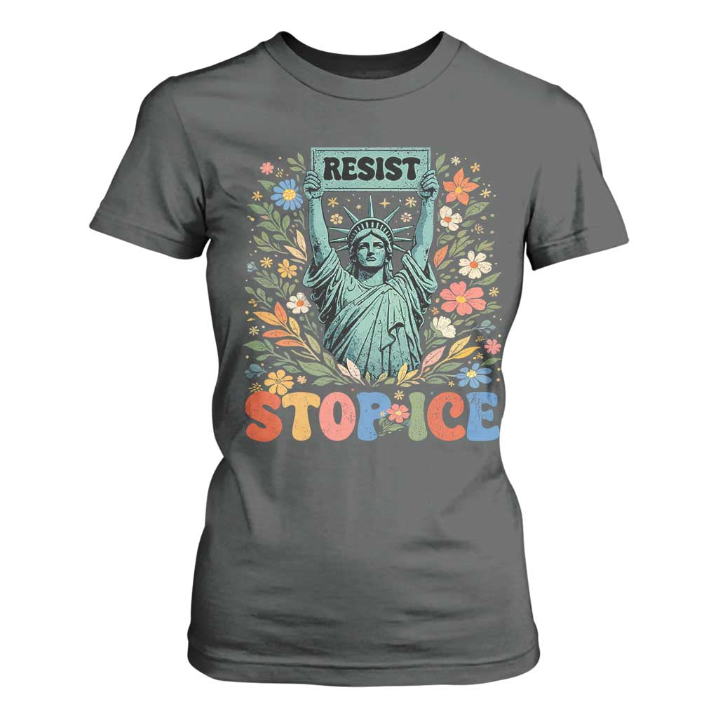 Stop ICE T Shirt For Women Funny Statue of Liberty Boho Floral Resist Retro TS10 Dark Heather Print Your Wear