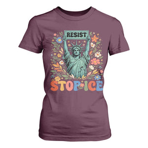 Stop ICE T Shirt For Women Funny Statue of Liberty Boho Floral Resist Retro TS10 Maroon Print Your Wear