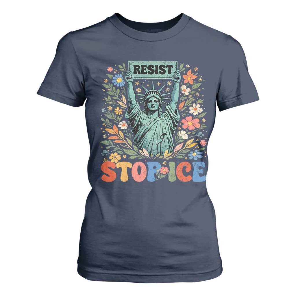 Stop ICE T Shirt For Women Funny Statue of Liberty Boho Floral Resist Retro TS10 Navy Print Your Wear