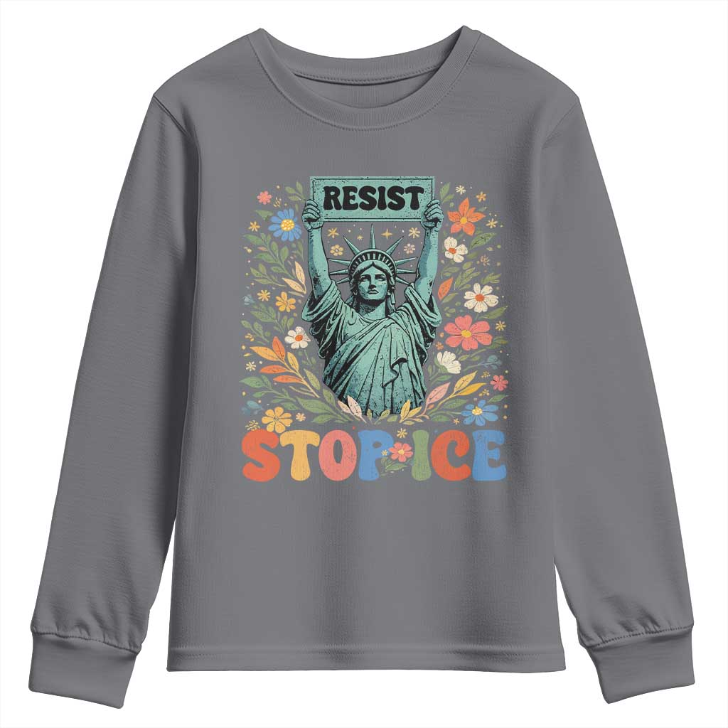 Stop ICE Youth Sweatshirt Funny Statue of Liberty Boho Floral Resist Retro TS10 Charcoal Print Your Wear