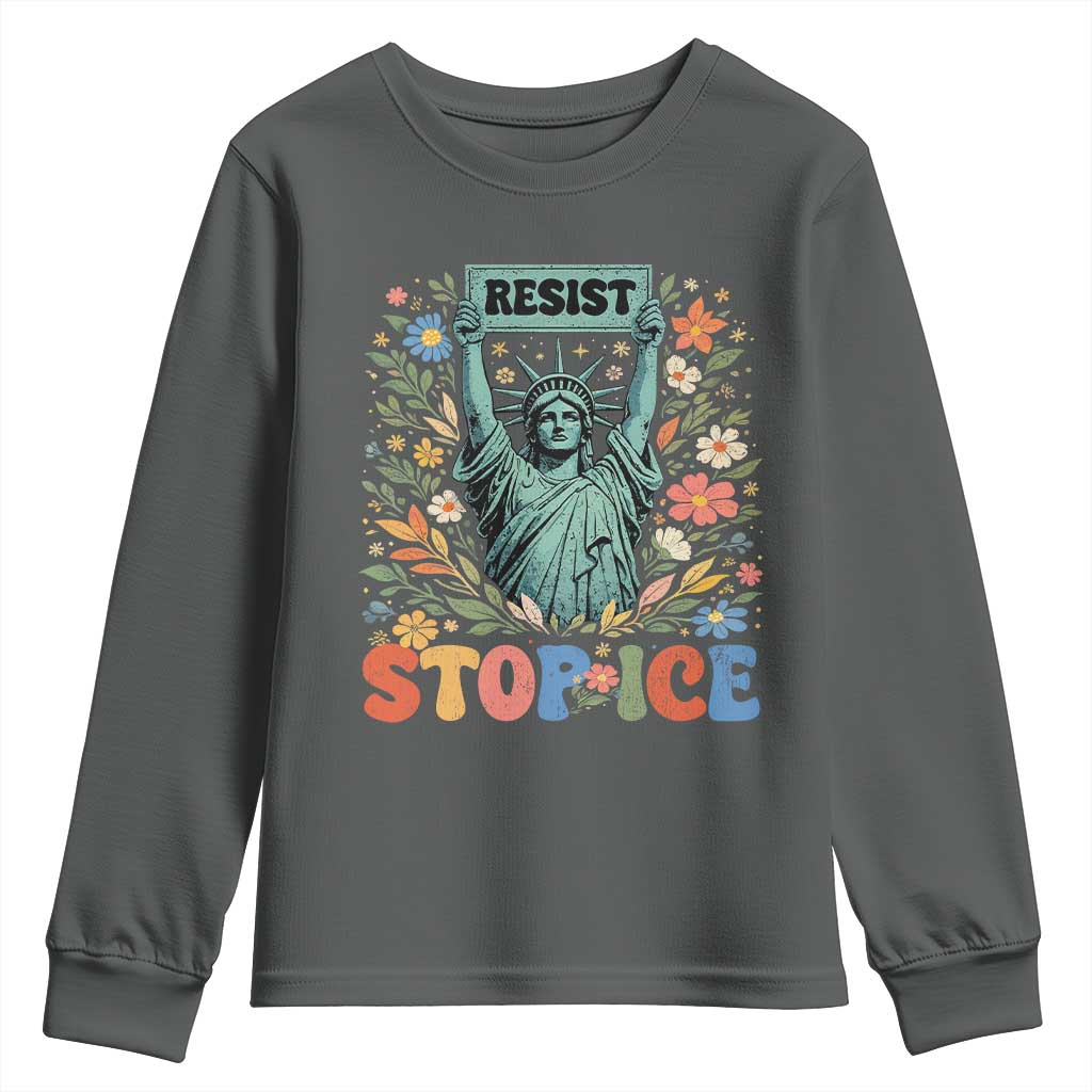 Stop ICE Youth Sweatshirt Funny Statue of Liberty Boho Floral Resist Retro TS10 Dark Heather Print Your Wear