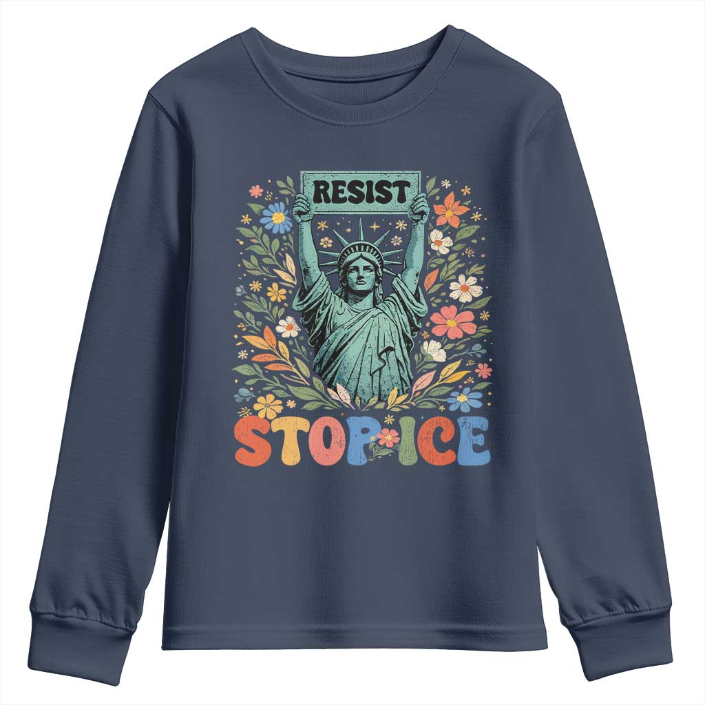 Stop ICE Youth Sweatshirt Funny Statue of Liberty Boho Floral Resist Retro TS10 Navy Print Your Wear