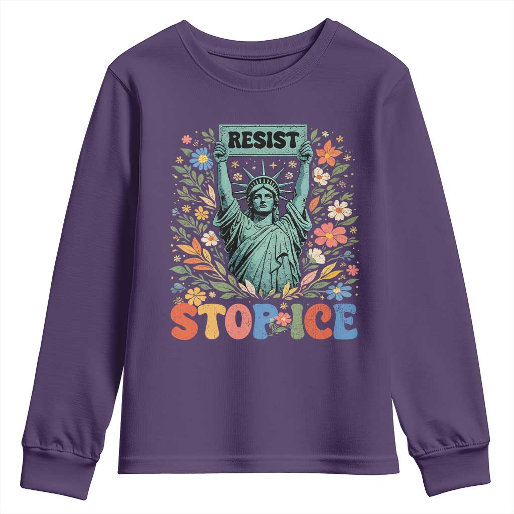 Stop ICE Youth Sweatshirt Funny Statue of Liberty Boho Floral Resist Retro TS10 Purple Print Your Wear