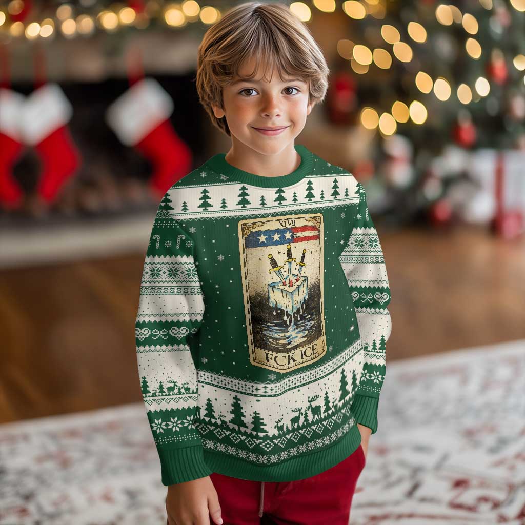 Fck Ice Ugly Christmas Sweater Retro Tarot Card FDT Protest Satirical Graphic TS10 Forest Green Beige Print Your Wear