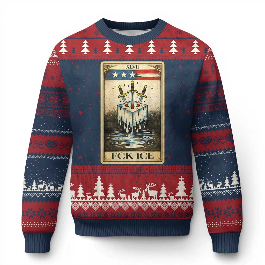 Fck Ice Ugly Christmas Sweater Retro Tarot Card FDT Protest Satirical Graphic TS10 Navy Red Print Your Wear