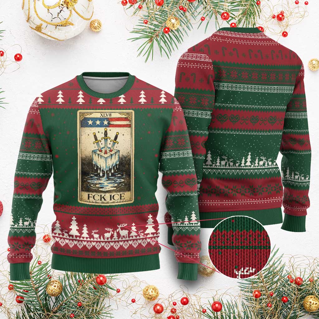 Fck Ice Ugly Christmas Sweater Retro Tarot Card FDT Protest Satirical Graphic TS10 Red Green Print Your Wear