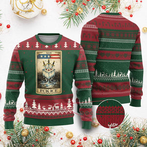 Fck Ice Ugly Christmas Sweater Retro Tarot Card FDT Protest Satirical Graphic TS10 Red Green Print Your Wear