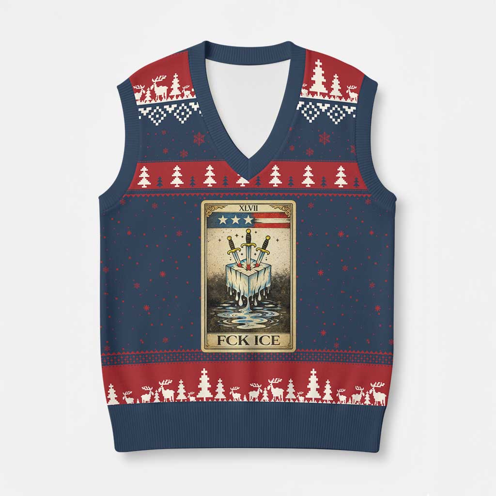 Fck Ice V-Neck Knit Sweater Vest Retro Tarot Card FDT Protest Satirical Graphic TS10 Navy Red Print Your Wear
