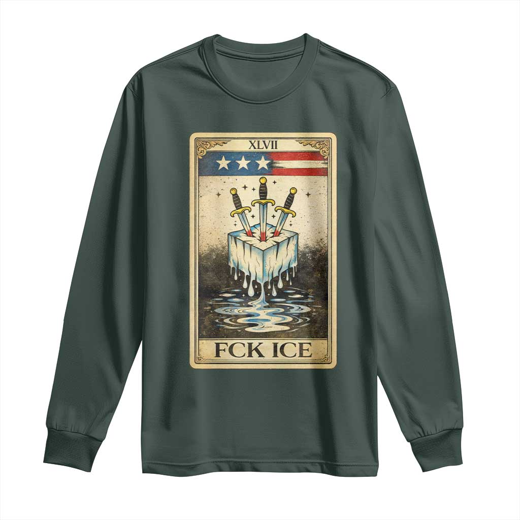 Fck Ice Long Sleeve Shirt Retro Tarot Card FDT Protest Satirical Graphic TS10 Dark Forest Green Print Your Wear
