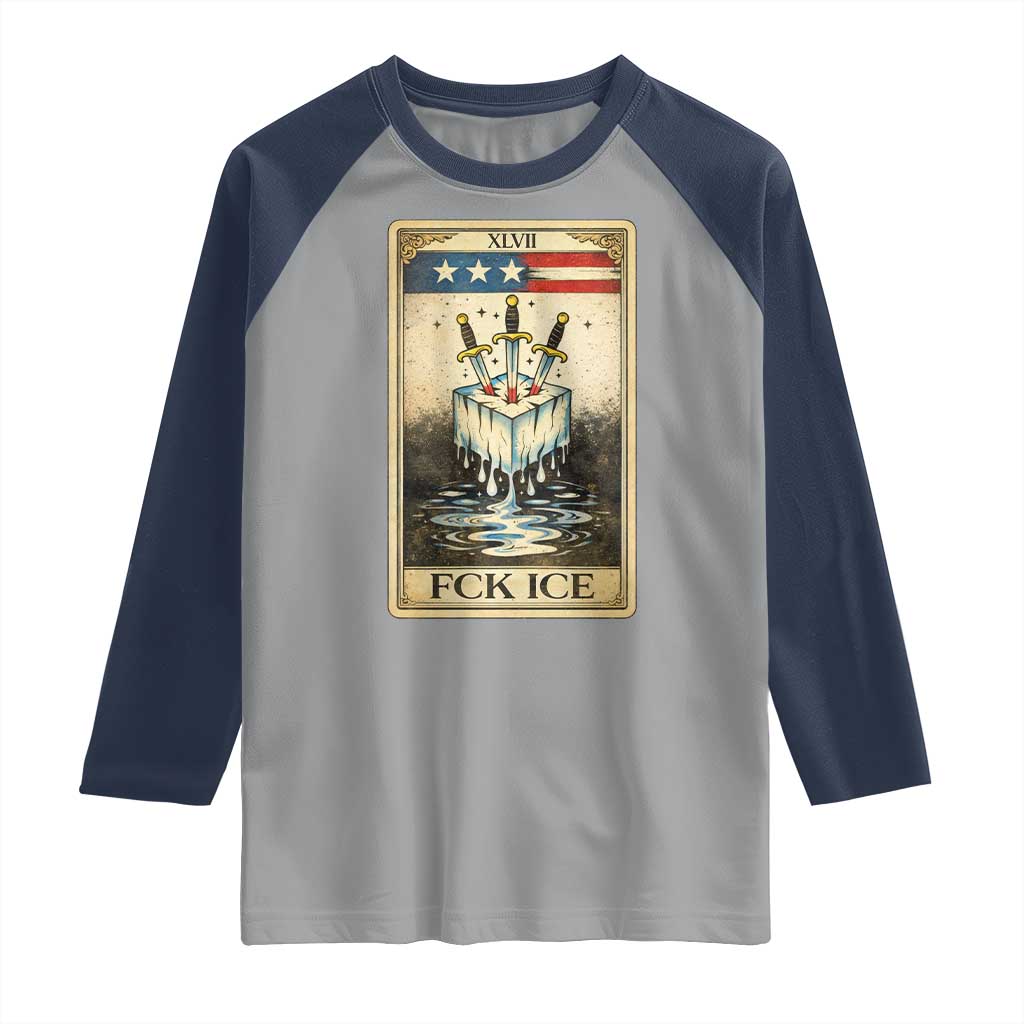 Fck Ice Raglan Shirt Retro Tarot Card FDT Protest Satirical Graphic TS10 Sport Gray Navy Print Your Wear