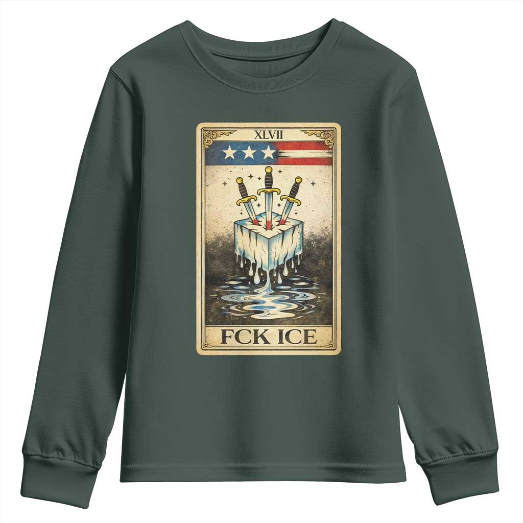 Fck Ice Youth Sweatshirt Retro Tarot Card FDT Protest Satirical Graphic TS10 Dark Forest Green Print Your Wear