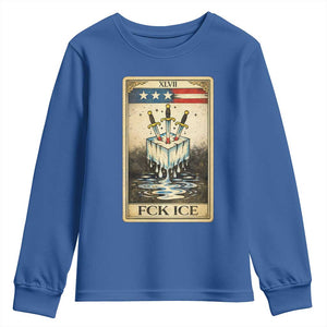 Fck Ice Youth Sweatshirt Retro Tarot Card FDT Protest Satirical Graphic TS10 Royal Blue Print Your Wear