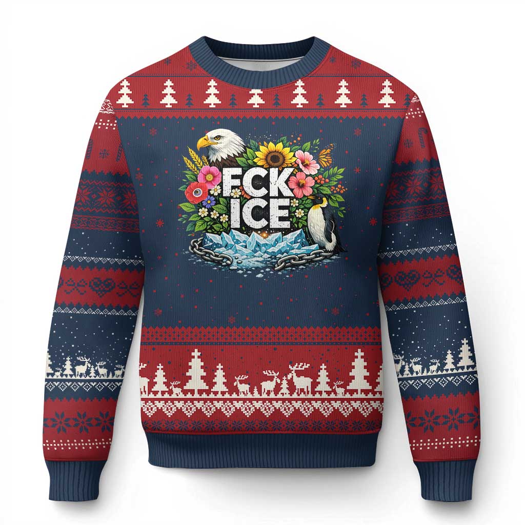 Fck Ice Ugly Christmas Sweater Retro Floral FDT Protest Satirical Graphic TS10 Navy Red Print Your Wear