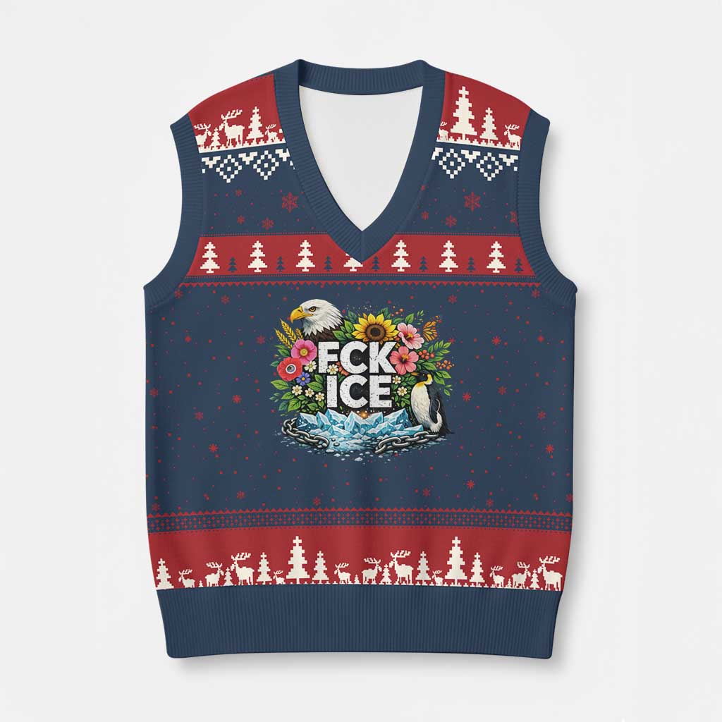Fck Ice V-Neck Knit Sweater Vest Retro Floral FDT Protest Satirical Graphic TS10 Navy Red Print Your Wear