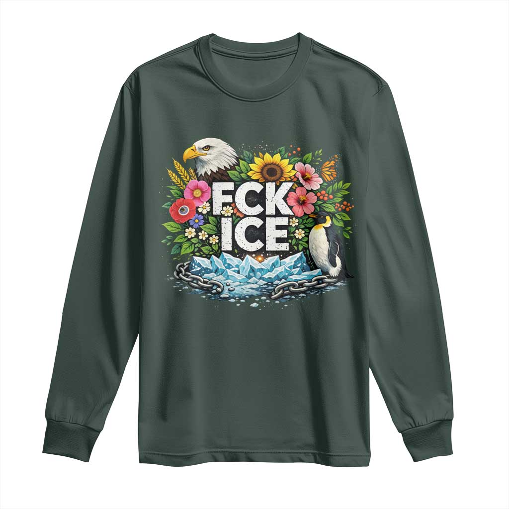 Fck Ice Long Sleeve Shirt Retro Floral FDT Protest Satirical Graphic TS10 Dark Forest Green Print Your Wear