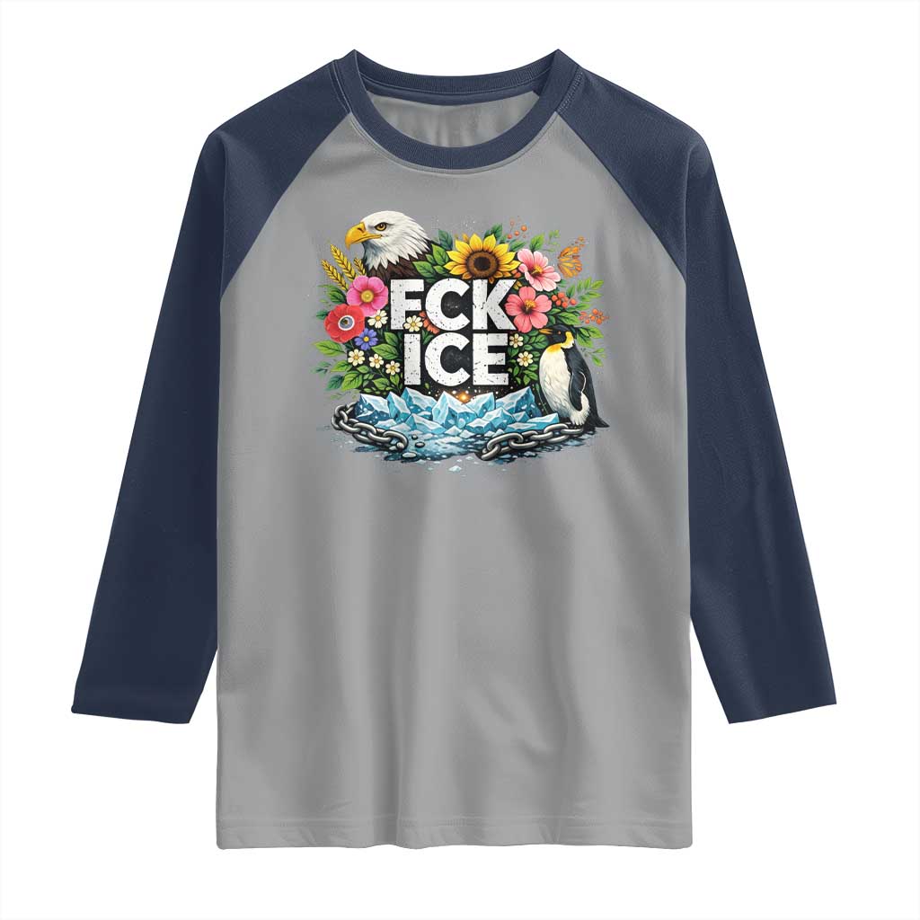 Fck Ice Raglan Shirt Retro Floral FDT Protest Satirical Graphic TS10 Sport Gray Navy Print Your Wear