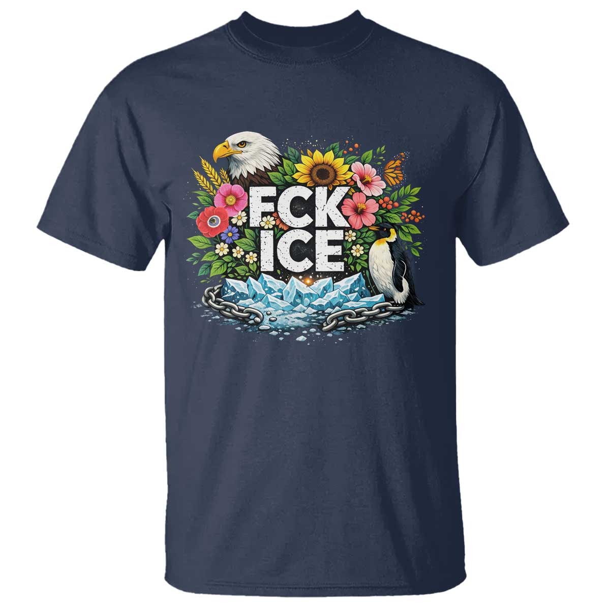 Fck Ice T Shirt Retro Floral FDT Protest Satirical Graphic TS10 Navy Print Your Wear