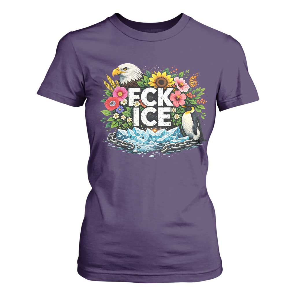 Fck Ice T Shirt For Women Retro Floral FDT Protest Satirical Graphic TS10 Purple Print Your Wear