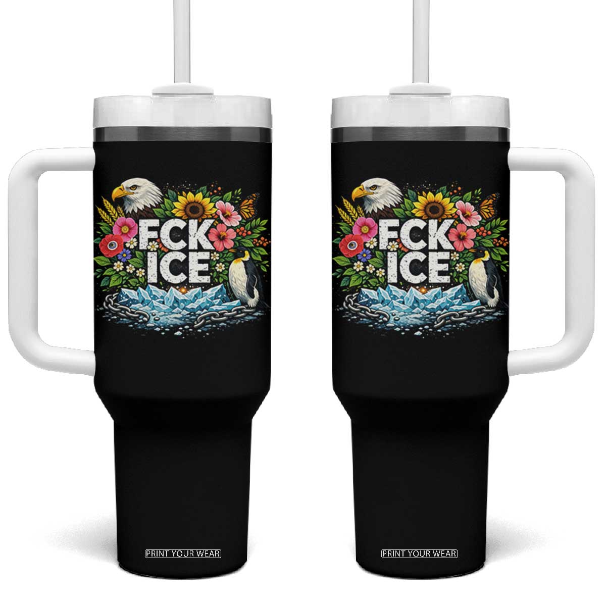 Fck Ice Tumbler With Handle Retro Floral FDT Protest Satirical Graphic TS10 One Size: 40 oz Black Print Your Wear