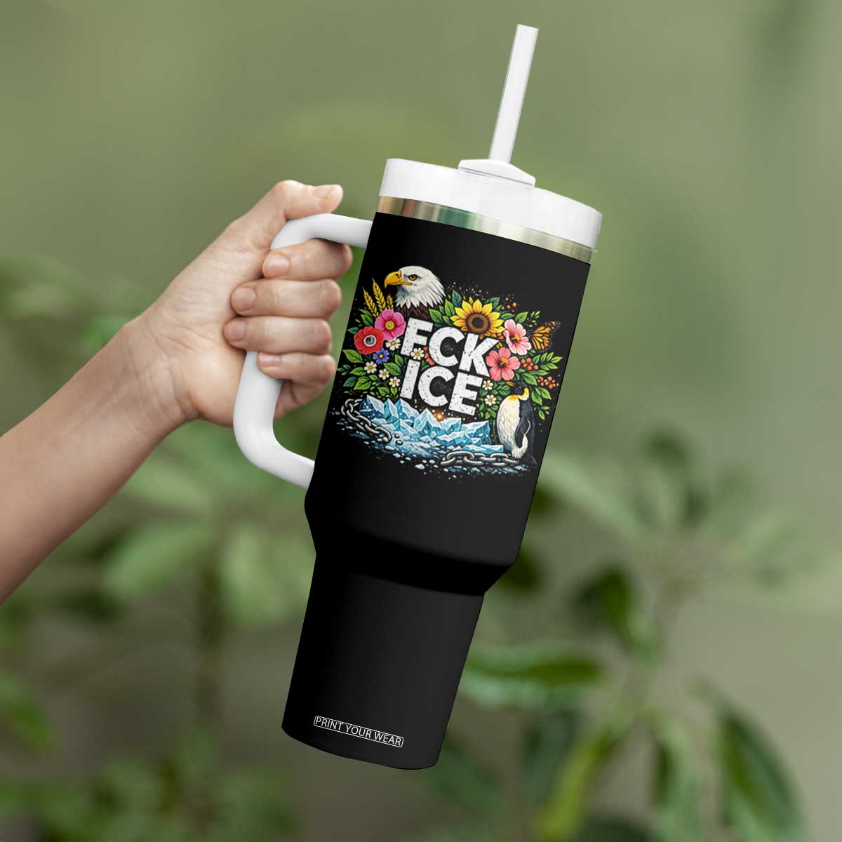 Fck Ice Tumbler With Handle Retro Floral FDT Protest Satirical Graphic TS10 Print Your Wear