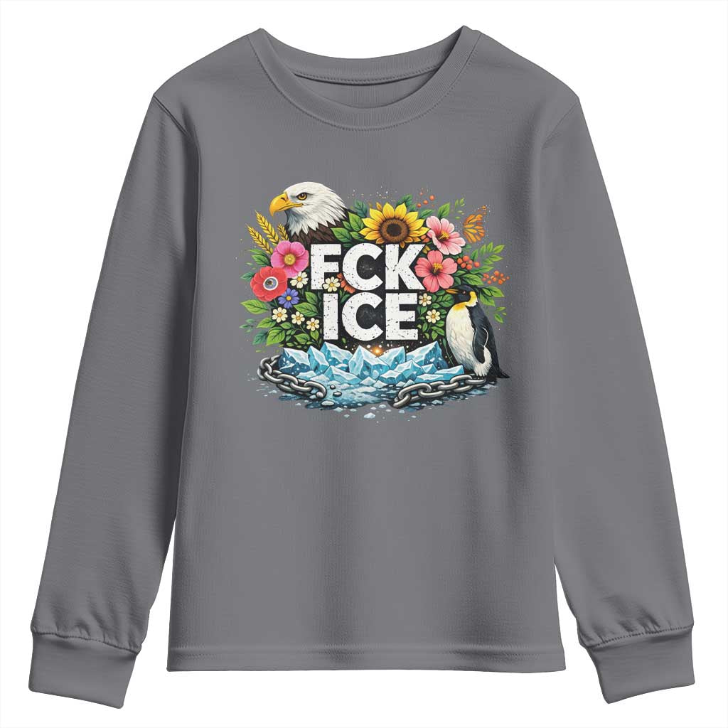 Fck Ice Youth Sweatshirt Retro Floral FDT Protest Satirical Graphic TS10 Charcoal Print Your Wear