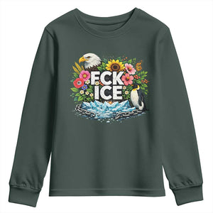 Fck Ice Youth Sweatshirt Retro Floral FDT Protest Satirical Graphic TS10 Dark Forest Green Print Your Wear
