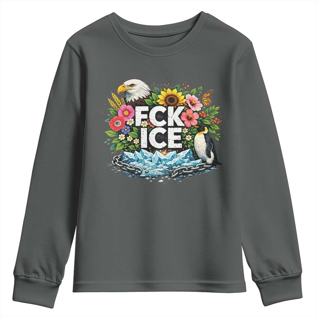 Fck Ice Youth Sweatshirt Retro Floral FDT Protest Satirical Graphic TS10 Dark Heather Print Your Wear
