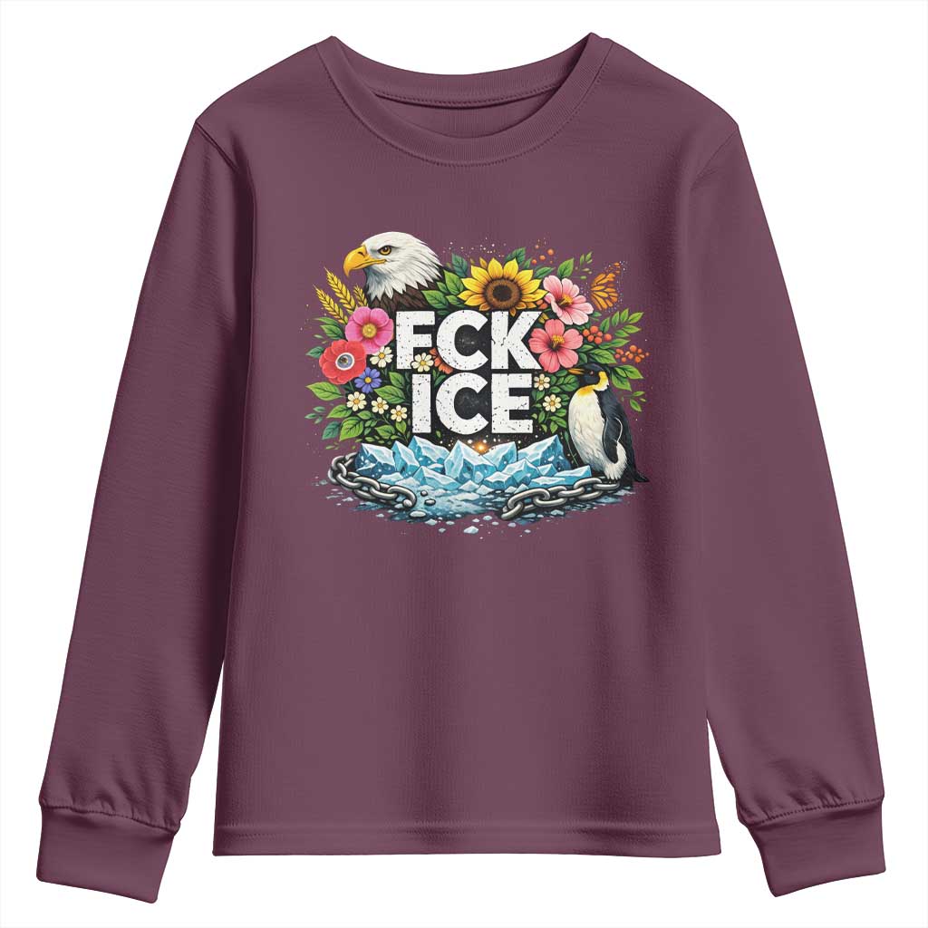 Fck Ice Youth Sweatshirt Retro Floral FDT Protest Satirical Graphic TS10 Maroon Print Your Wear