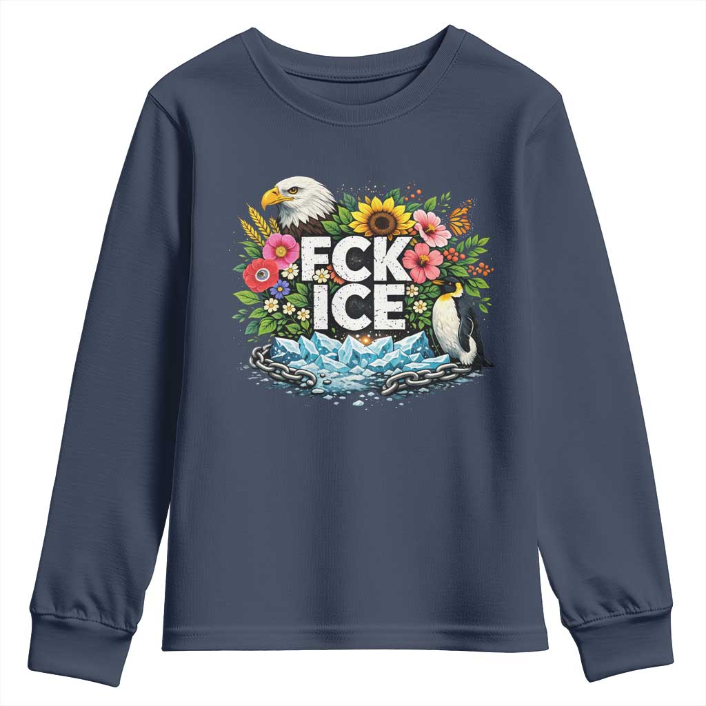 Fck Ice Youth Sweatshirt Retro Floral FDT Protest Satirical Graphic TS10 Navy Print Your Wear