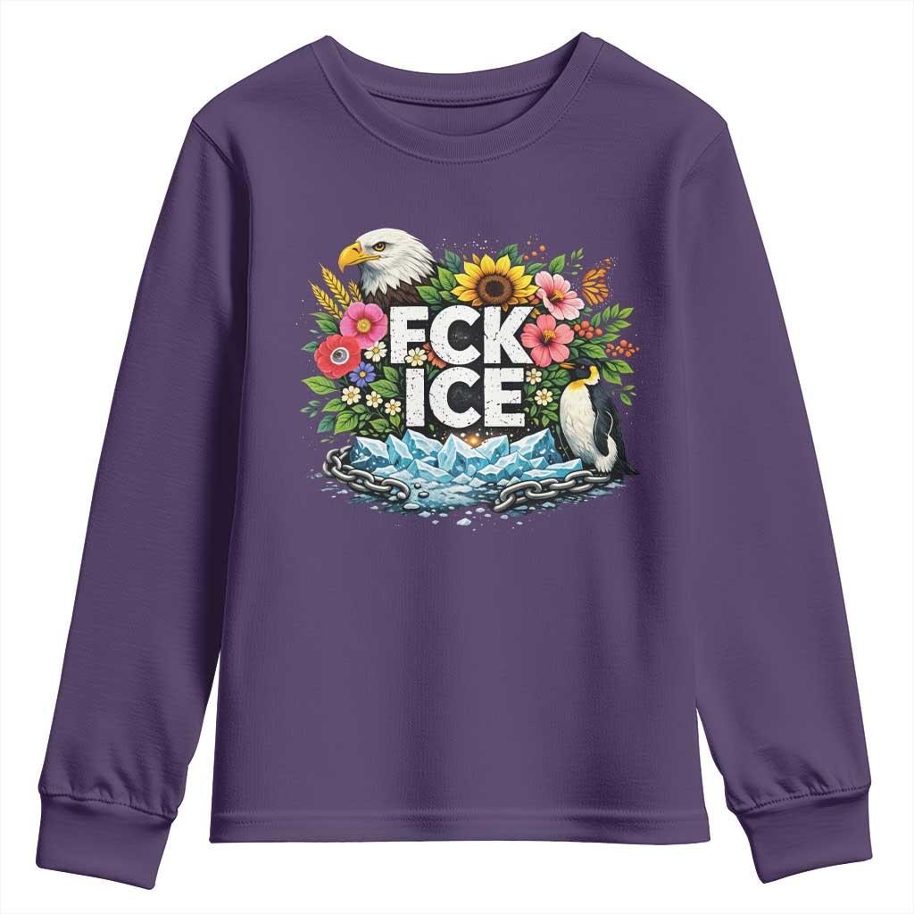 Fck Ice Youth Sweatshirt Retro Floral FDT Protest Satirical Graphic TS10 Purple Print Your Wear