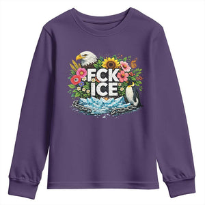 Fck Ice Youth Sweatshirt Retro Floral FDT Protest Satirical Graphic TS10 Purple Print Your Wear