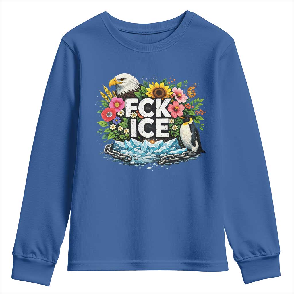 Fck Ice Youth Sweatshirt Retro Floral FDT Protest Satirical Graphic TS10 Royal Blue Print Your Wear