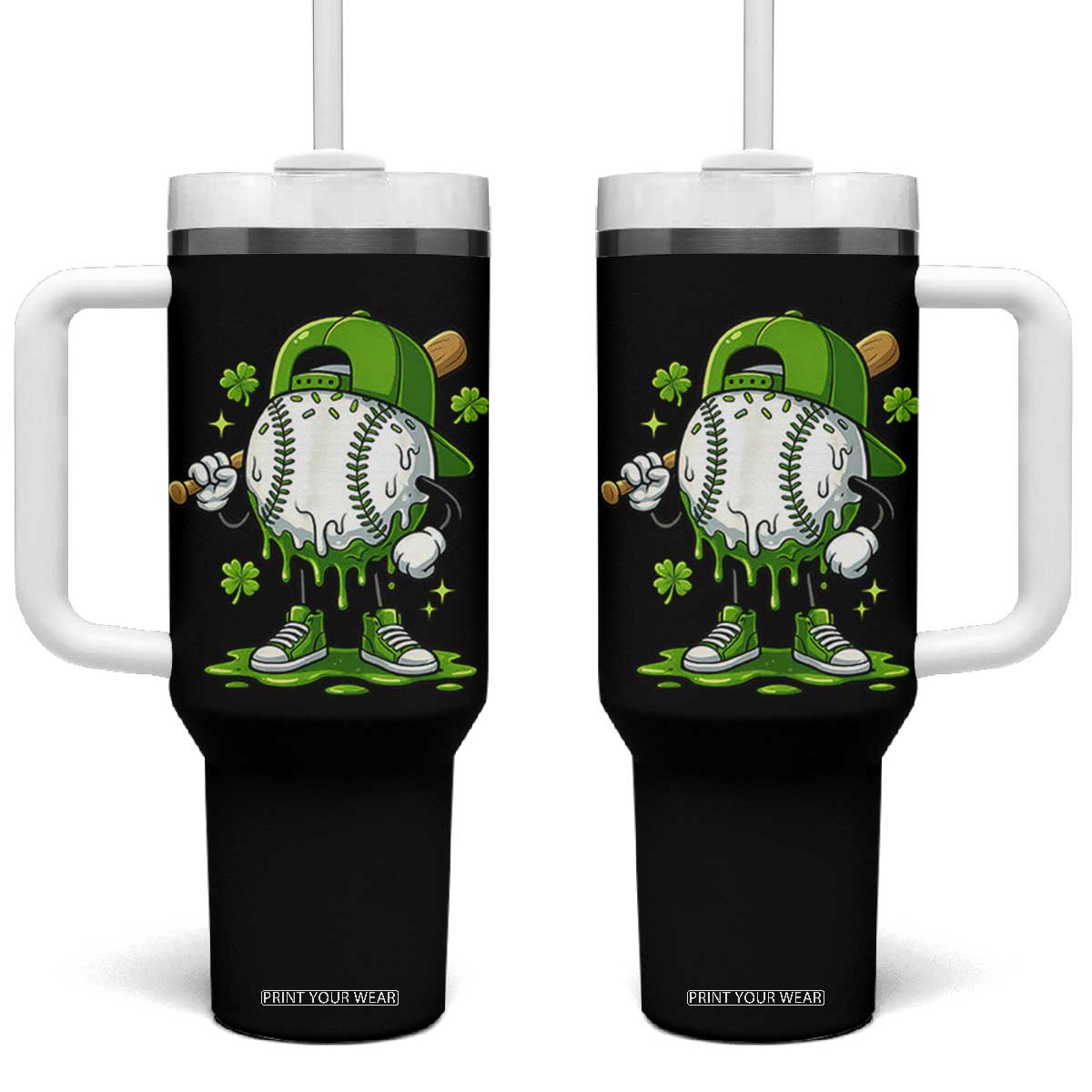 Baseball Drip Icecream Tumbler With Handle Youth Boy St Patricks Day Shamrock Green TS10 One Size: 40 oz Black Print Your Wear