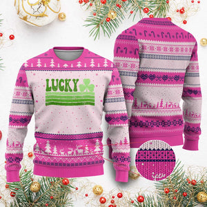 Retro Lucky Ugly Christmas Sweater St Patricks Day Irish Shamrock TS10 Hot Pink Print Your Wear