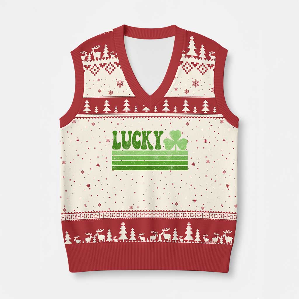 Retro Lucky V-Neck Knit Sweater Vest St Patricks Day Irish Shamrock TS10 Beige Red Print Your Wear