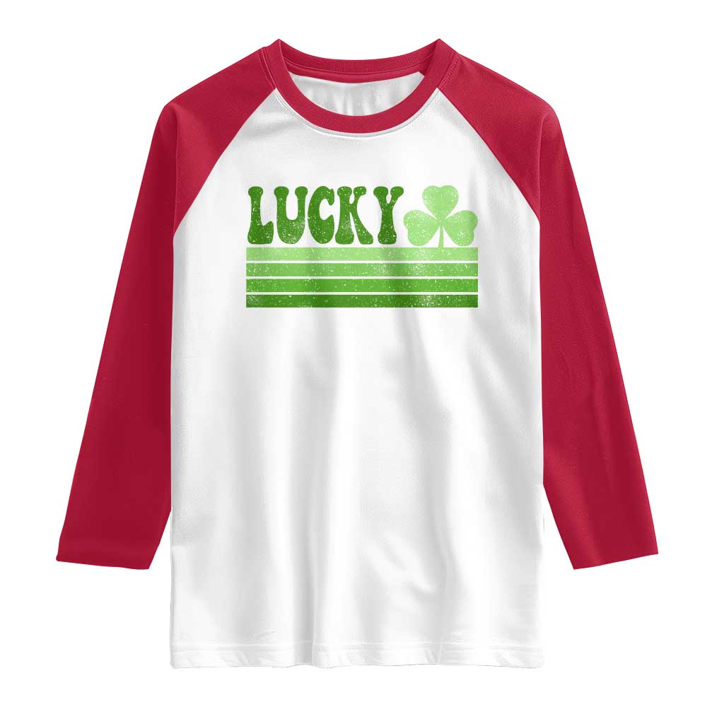 Retro Lucky Raglan Shirt St Patricks Day Irish Shamrock TS10 White Red Print Your Wear