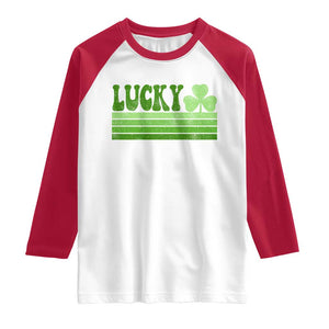 Retro Lucky Raglan Shirt St Patricks Day Irish Shamrock TS10 White Red Print Your Wear