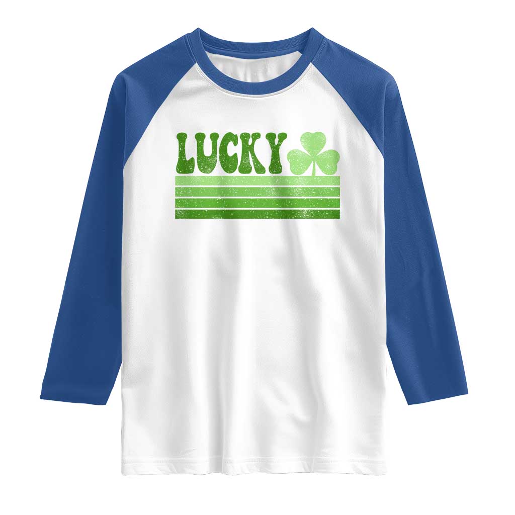 Retro Lucky Raglan Shirt St Patricks Day Irish Shamrock TS10 White Royal Print Your Wear
