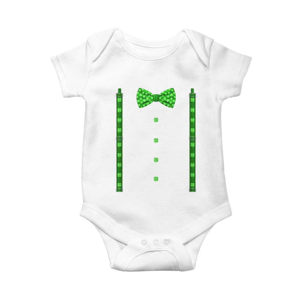 Bow Tie Suspenders St Patricks Day Costume Baby Onesie Funny Irish Shamrock Clovers TS10 White Print Your Wear