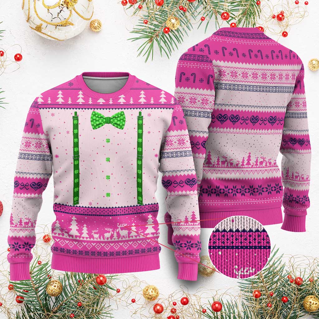 Bow Tie Suspenders St Patricks Day Costume Ugly Christmas Sweater Funny Irish Shamrock Clovers TS10 Hot Pink Print Your Wear