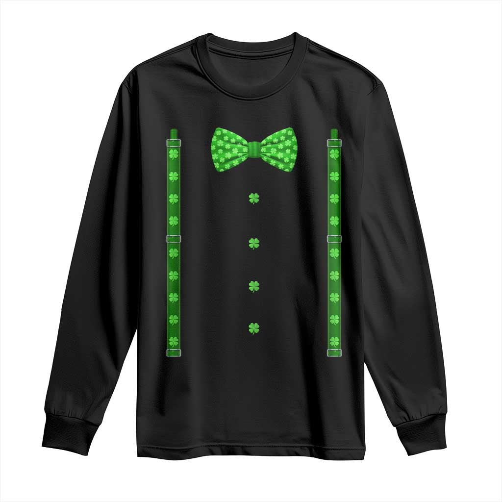 Bow Tie Suspenders St Patricks Day Costume Long Sleeve Shirt Funny Irish Shamrock Clovers TS10 Black Print Your Wear