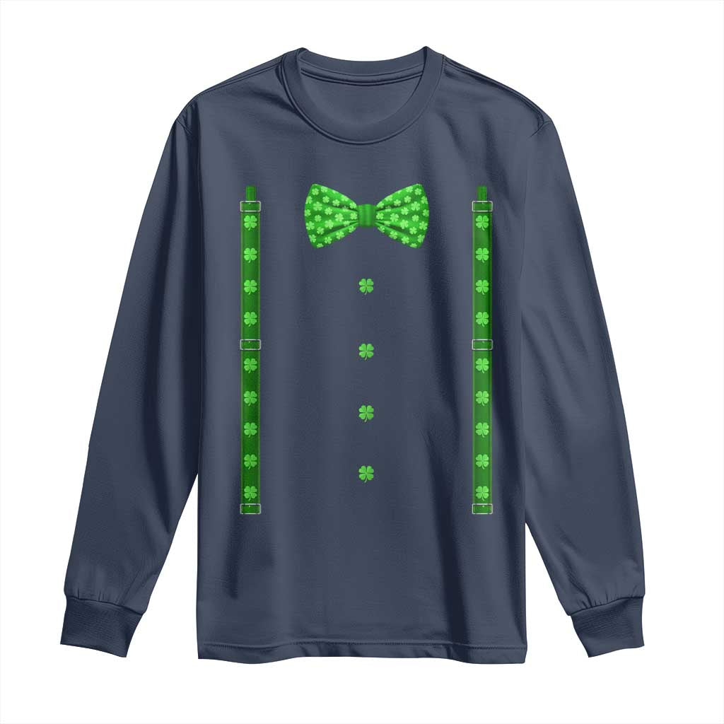 Bow Tie Suspenders St Patricks Day Costume Long Sleeve Shirt Funny Irish Shamrock Clovers TS10 Navy Print Your Wear