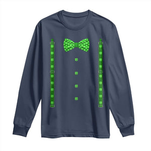 Bow Tie Suspenders St Patricks Day Costume Long Sleeve Shirt Funny Irish Shamrock Clovers TS10 Navy Print Your Wear
