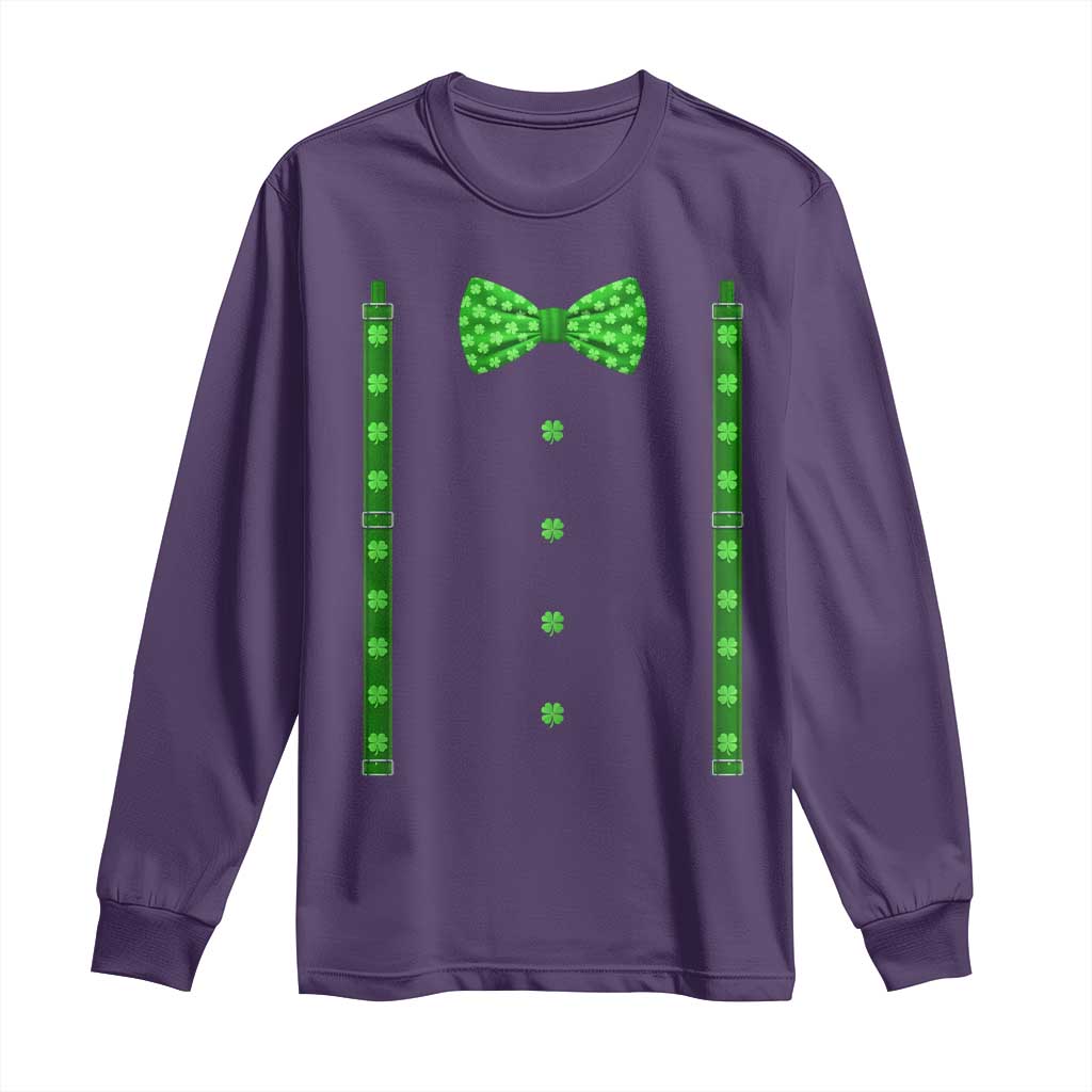 Bow Tie Suspenders St Patricks Day Costume Long Sleeve Shirt Funny Irish Shamrock Clovers TS10 Purple Print Your Wear