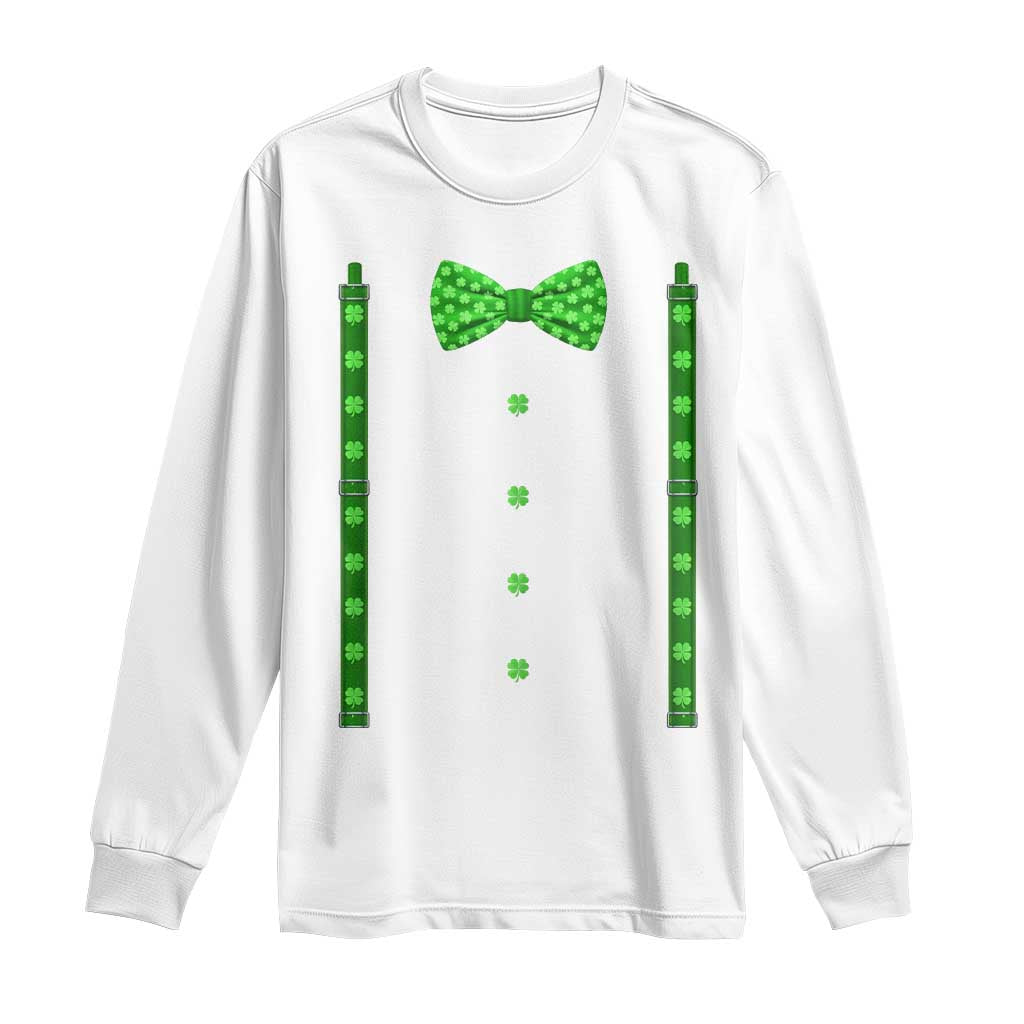 Bow Tie Suspenders St Patricks Day Costume Long Sleeve Shirt Funny Irish Shamrock Clovers TS10 White Print Your Wear